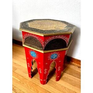 Vintage Moroccan Red Brass Accent Table Hand Painted Moorish Side Table